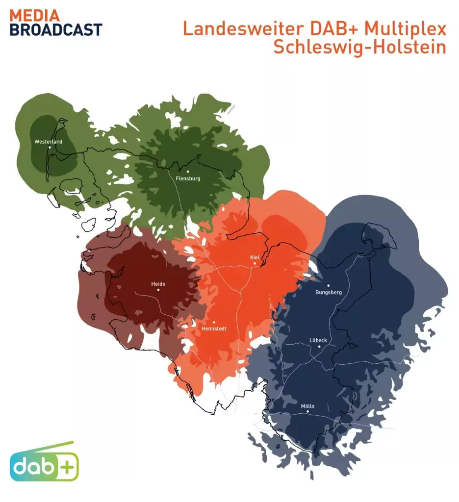 Sendegebiete des Schleswig-Holstein DAB+ Bouquets (Quelle: Media Broadcast)